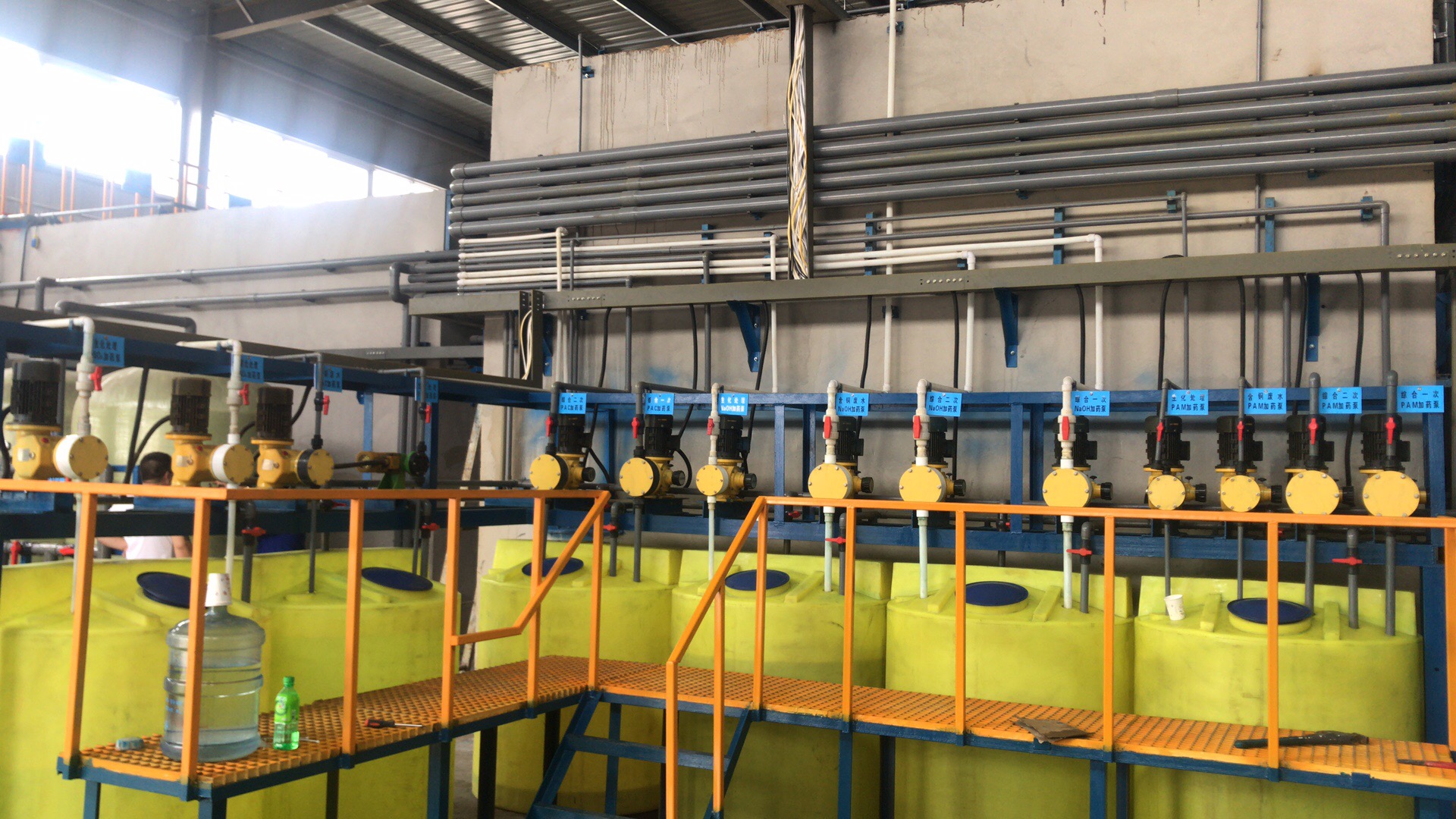 Water treatment dosing system — multiple solenoid metering pumps installed in parallel